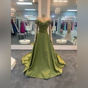 size 10. olive color. ballgown. of the shoulder. ruffled top. large train